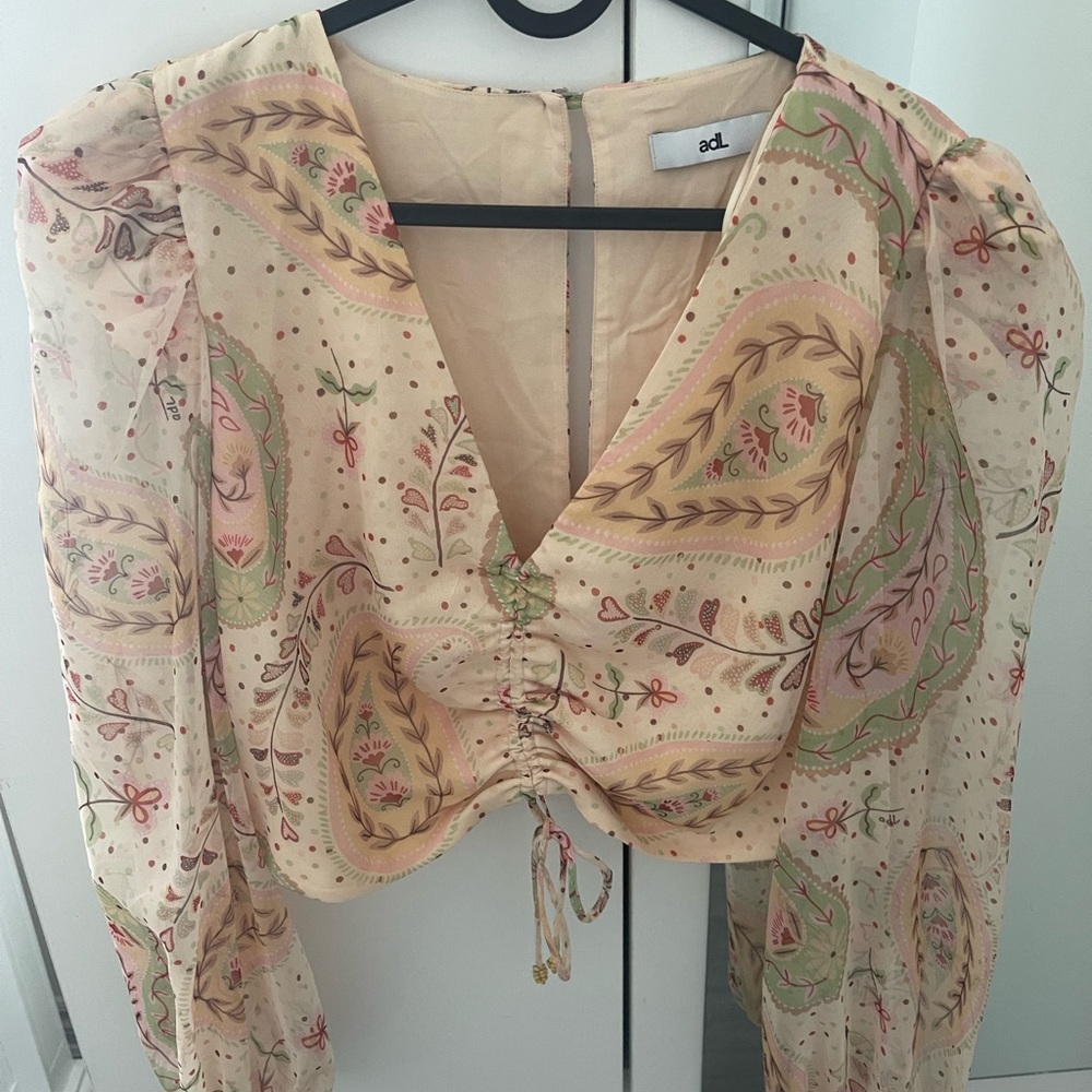 Tan Puff Sleeve Crop Blouse with Ruched Tie Front